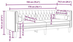 Καναπές Τριθέσιος Chesterfield + Στηρίγματα Σκούρο Γκρι Βελούδο - Γκρι