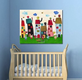 Παιδικός πίνακας σε καμβά σπίτια με ζώα KNV051 30cm x 40cm