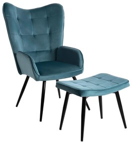 ARMCHAIR BERGERE WITH FOOTSTOOL CRAWLEY  PETROL BLUE VELVET 70x73x102Hcm