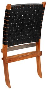 Καρέκλα Πτυσσόμενη με Χιαστί Λωρίδες Μαύρη από Γνήσιο Δέρμα - Μαύρο