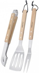 Σετ από 3 σκεύη BBQ Kinghoff KH 1918, Σπάτουλα, Σπάτουλα, Πιρούνι, Ξύλινες λαβές, Βρόχοι για κρέμασμα, Inox/καφέ