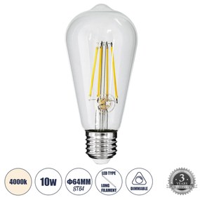 GloboStar® 99056 Λάμπα LED Long Filament E27 ST64 Αχλάδι 10W 1100lm 360° AC 220-240V IP20 Φ6.4 x Υ14cm Φυσικό Λευκό 4000K με Διάφανο Γυαλί - Dimmable - 3 Years Warranty