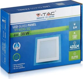 V-TAC LED panel χωνευτό 12W 6400K Ψυχρό λευκό Τετράγωνο γυάλινο