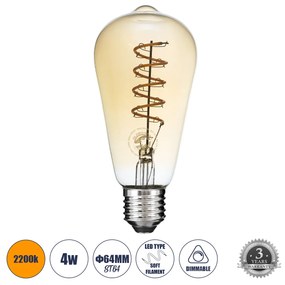 GloboStar 99144 Λάμπα LED Soft S Spiral Filament E27 ST64 Αχλάδι 4W 280lm 360° AC 220-240V IP20 Φ6.4 x Υ14cm Ultra Θερμό Λευκό 2200K με Μελί Γυαλί - Dimmable - 3 Χρόνια Εγγύηση - 99144