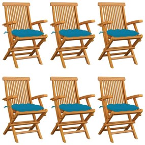 Καρέκλες Κήπου 6 τεμ. από Μασίφ Ξύλο Teak με Γαλάζια Μαξιλάρια - Μπλε