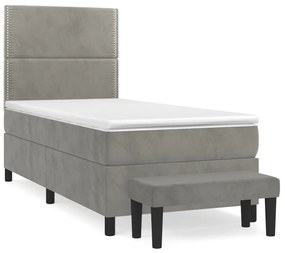 vidaXL Κρεβάτι Boxspring με Στρώμα Ανοιχτό Γκρι 90x190 εκ. Βελούδινο