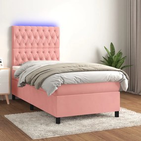 vidaXL Κρεβάτι Boxspring με Στρώμα &amp; LED Ροζ 80 x 200 εκ. Βελούδινο