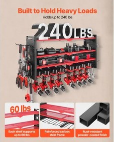 VEVOR Power Tool Organizer Wall Mount, 4-Layer Storage Rack with 8 Drill Holders, Tools Holder and Storage Rack with Side Pegboards, Garage Tool Organizer for Garage, Workbench, and Workshop