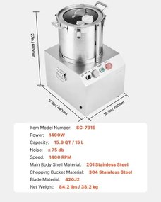 VEVOR Food Processor &amp; Vegetable Chopper 15L Food-Grade Stainless Steel Blender