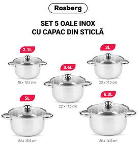 Σετ κατσαρόλες Rosberg R51210O10, 10 τεμάχια, 2.1-6.3 l, Ανοξείδωτο ατσάλι, Inox