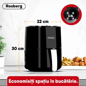 Φριτέζα AirFryer Rosberg R51980Y, 1200 W, 2,5 L, Hot Air, Timer, Έως 200C, Μαύρο