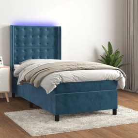 vidaXL Κρεβάτι Boxspring με Στρώμα &amp; LED Σκ. Μπλε 90x190 εκ. Βελούδινο