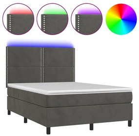 vidaXL Κρεβάτι Boxspring με Στρώμα & LED Σκ. Γκρι 140x190εκ. Βελούδινο