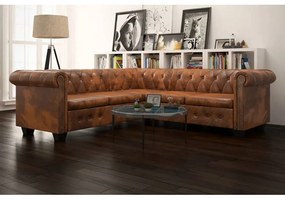 vidaXL Καναπές Γωνιακός Πενταθέσιος Chesterfield Καφέ Συνθετικό Δέρμα