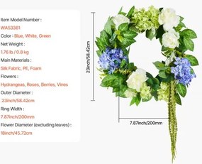 VEVOR Artificial Decorative Wreath 23 in Blue White Green with Hydrangeas Roses