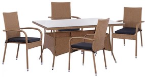 Dining Set 5-Piece Table 150x90 &amp; Wicker Rattan Beige Brown Armchairs