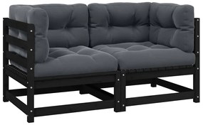 vidaXL Καναπές Κήπου Διθέσιος Μαύρος Μασίφ Ξύλο Πεύκου με Μαξιλάρια