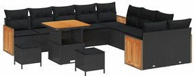 vidaXL Σετ Κήπου 13 Τεμαχίων Με Μαξιλάρια, Μαύρο Πολυ Ράτταν, Ακακία