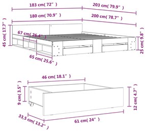 Πλαίσιο Κρεβατιού με συρτάρια Γκρι sonoma 180x200εκ. Επεξ. Ξύλο - Γκρι