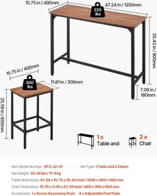 VEVOR Bar Table, 3PCS 1193.8mm Bars Tables Set, Bar Tables and Chair Set with Rounded Edge Design, Rectangular Pub Table with Two Stools for Office Desk, Breakfast Corner, Mini Bars, Rustic Brown