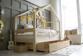 Κρεβάτι Παιδικό Montessori House Bed  με Ίσιο Κάγκελo +  Συρτάρι σε Φυσικό  Ξύλο  90×200cm  Luletto (Δώρο 10% έκπτωση στο Στρώμα)