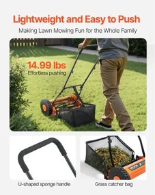 VEVOR 16" Push Reel Lawn Mower 5-Blade Adjustable Height Grass Catcher 2 Wheels