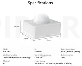 GloboStar® 80064 SONOFF PIR3-RF – Smart 433MHZ RF PIR Motion Sensor 6m/110° Detection