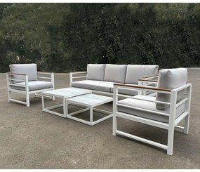 MARILIAN Set Σαλόνι Κήπου, 5τεμ, Μέταλλο Βαφή Άσπρο, Μαξιλάρια Γκρι 2 Πολυθρ+1 Καναπ+2 Τραπεζάκια