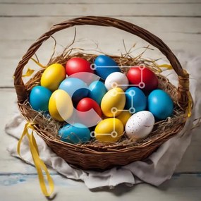 Intra Συλλεκτικό Ξύλινο Παζλ Plywood 4mm - Πολύχρωμο καλάθι με πασχαλινά αυγά σε ξύλινο τραπέζι Σε Ξύλινο Κουτί - Διαστάσεις: 10x10 cm – 25 κομμάτια