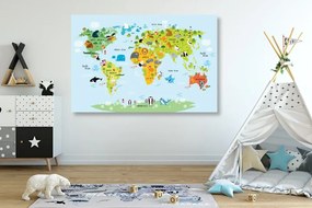 Εικόνα στο φελλό ενός παιδικού παγκόσμιου χάρτη με ζώα - 120x80  color mix