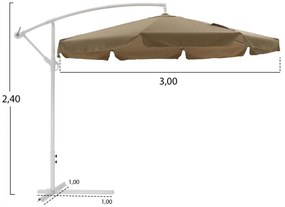 ΟΜΠΡΕΛΑ ΚΡΕΜΑΣΤΗ Φ300x240cm. NOBLE  ΣΤΡΟΓΓΥΛΗ ΣΕ ΒΑΣΗ ΜΕ 4 ΠΟΔΙΑ ΜΟΚΑ ΛΕΥΚΟ