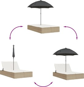 vidaXL Ξαπλώστρα Διπλή Μπεζ από Συνθετικό Ρατάν με Μαξιλάρια/Ομπρέλα