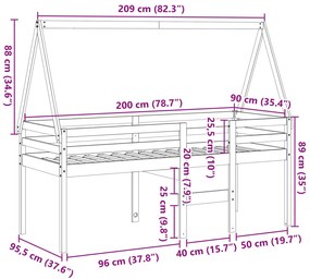 Κρεβάτι Υπερυψωμένο με Οροφή Καφέ 80x200 εκ. Μασίφ Ξύλο Πεύκου - Καφέ