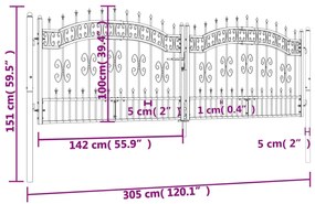 vidaXL Πόρτα Φράχτη με Ακίδες Μαύρη 305x151 εκ. Ατσάλι με Ηλεκτρ. Βαφή