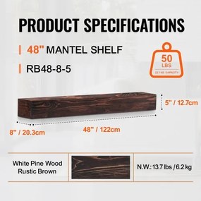 VEVOR Fireplace Mantel Wood Shelf Floating Rustic Fireplace Mantel 48&quot; Brown