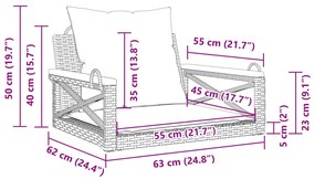 Παγκάκι Κούνια Γκρι 63x62x40 εκ. Συνθετικό Ρατάν με Μαξιλάρια - Μαύρο