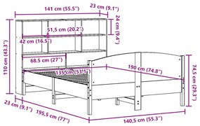 Κρεβάτι Βιβλιοθήκη Χωρίς Στρώμα 135x190 εκ Μασίφ Ξύλο Πεύκου - Καφέ