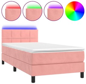 vidaXL Κρεβάτι Boxspring με Στρώμα &amp; LED Ροζ 90x200 εκ. Βελούδινο