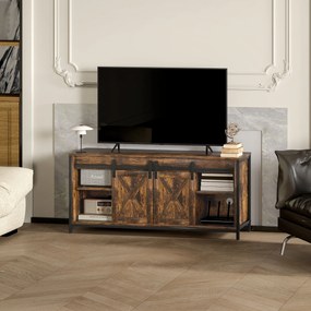 HOMCOM Έπιπλο Τηλεόρασης, Βιομηχανικού Σχεδιασμού, για Τηλεοράσεις 60&#039;&#039;, 6 ράφια, 2 συρόμενες πόρτες, Καφέ/Μαύρο