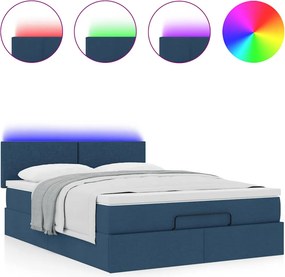 vidaXL Οθωμανικό κρεβάτι με στρώμα &amp; LEDs Μπλε 140x200cm ύφασμα
