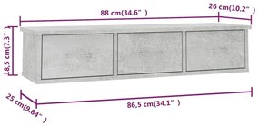 Ράφι Τοίχου με Συρτάρια Γκρι Σκυροδ. 88x26x18,5 εκ. Επεξ. Ξύλο - Γκρι