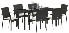 vidaXL Σέτ φαγητού για κήπο με μαξιλάρι 7 pcs Μαύρο Πολυ ράταν