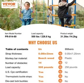 VEVOR 2x60 ft Ninja Warrior Obstacle Course Kids Outdoor Slackline 14 Obstacles