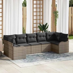 Σετ 7 τεμαχίων κήπου με μαξιλάρια γκρι πολυ rattan, Διθέσιος καναπές κήπου με μαξιλάρια γκρι πολυ rattan