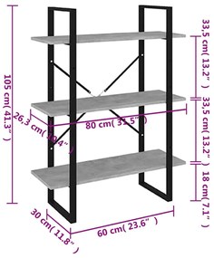 vidaXL Βιβλιοθήκη Γκρι Σκυροδέματος 80 x 30 x 105 εκ. από Μοριοσανίδα