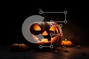 Intra Συλλεκτικό Ξύλινο Παζλ Plywood 4mm - Τρομακτικό Jack-o'-lantern κολοκύθα σε σκούρο ξύλινο τραπέζι Σε Ξύλινο Κουτί - Διαστάσεις: 10x10 cm – 25 κομμάτια