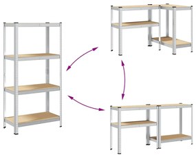 Ράφια αποθήκευσης 4 στρώσεων 2 τμχ Ασημί χάλυβας &amp; Τεχνικό ξύλο - Ασήμι