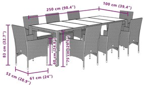 Σετ Τραπεζαρίας Κήπου 9 τεμ Μαύρο Συνθ.Ρατάν/Γυαλί με Μαξιλάρια - Μαύρο