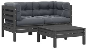 Σαλόνι Κήπου Σετ 3 Τεμαχίων Γκρι Μασίφ Ξύλο Πεύκου & Μαξιλάρια