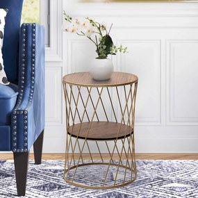 Τραπεζάκι βοηθητικό Jaspin Megapap μεταλλικό - Mdf χρώμα χρυσό - καρυδί 32x32x44εκ.